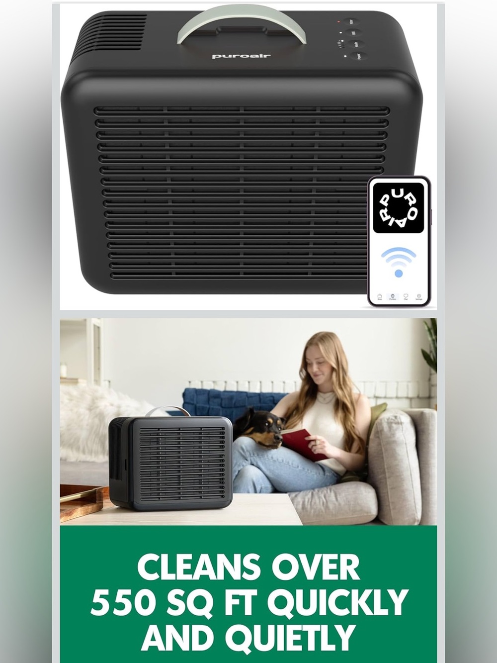 Portable Black Air Purifier - Compact Home & Office Cleaner WiFi smart 550 sqft